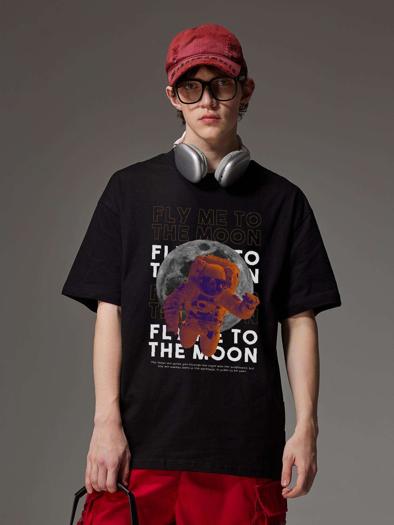PRIVATHINKER Men's "Fly Me to The Moon" Graphic Tee - 100% Cotton, Oversized & Lightweight, Casual Summer Streetwear with Astronaut & Moon Design, Short Sleeve, Round Neck