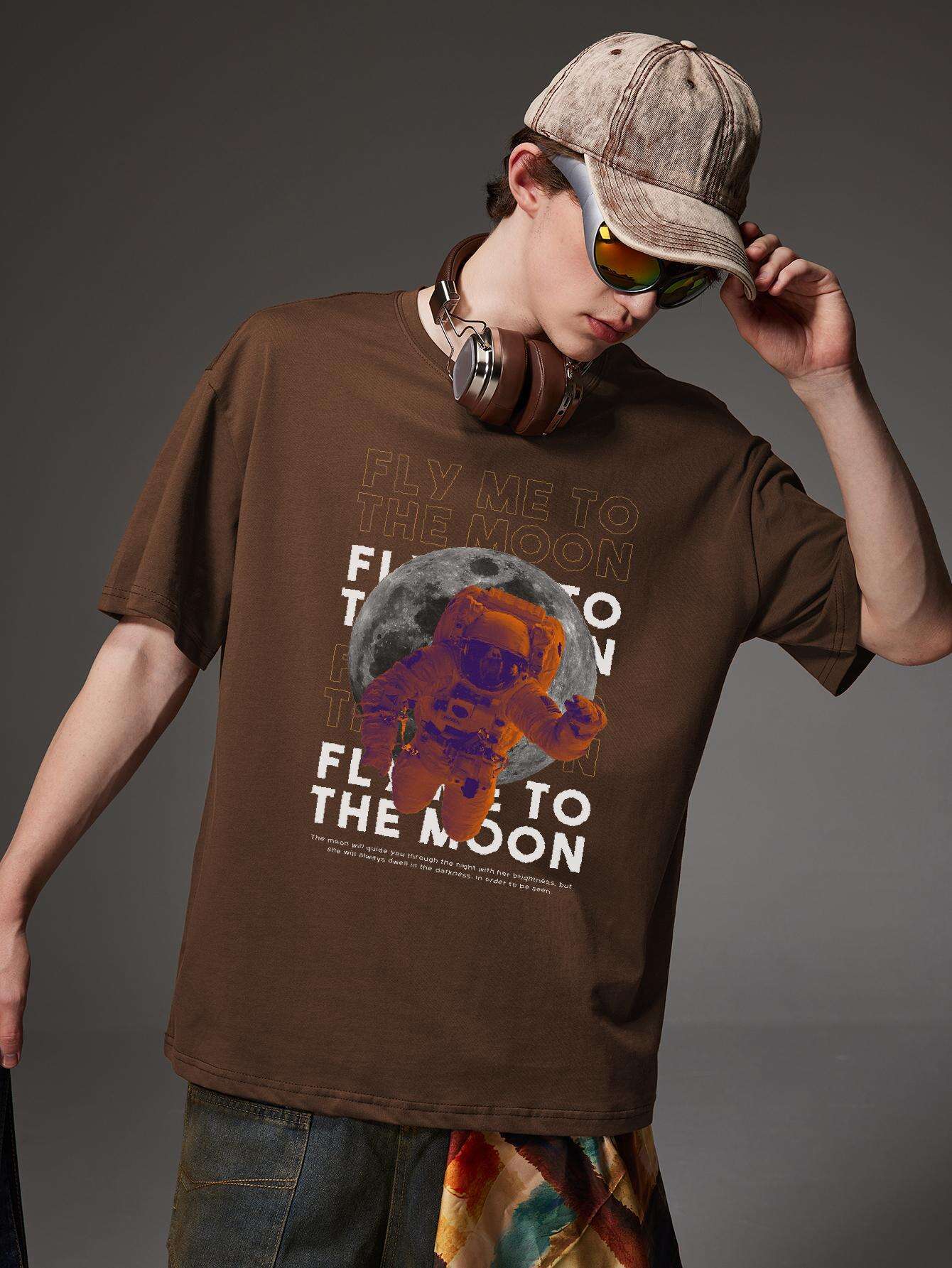 PRIVATHINKER Men's "Fly Me to The Moon" Graphic Tee - 100% Cotton, Oversized & Lightweight, Casual Summer Streetwear with Astronaut & Moon Design, Short Sleeve, Round Neck