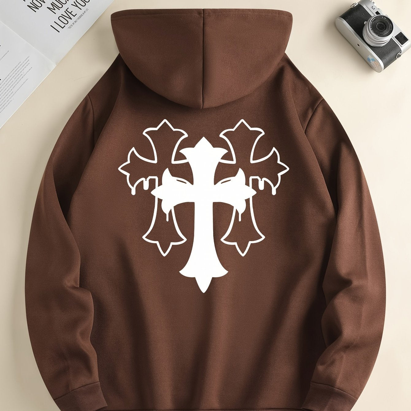 Cross Print Men's Simple Style Pullover Hoodies With Kangaroo Pocket Long Sleeve Hooded Sweatshirt Loose Casual Top For Autumn Winter Men's Clothing As Gifts