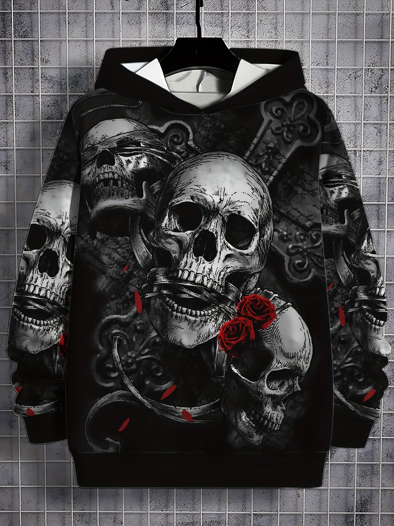 Men'S Gothic Skull Hoodie, 3D Rose and Skeleton Print, Casual Polyester Sweatshirt, Slight Stretch Knit Fabric, Regular Fit, for Spring/Fall Outdoor Wear