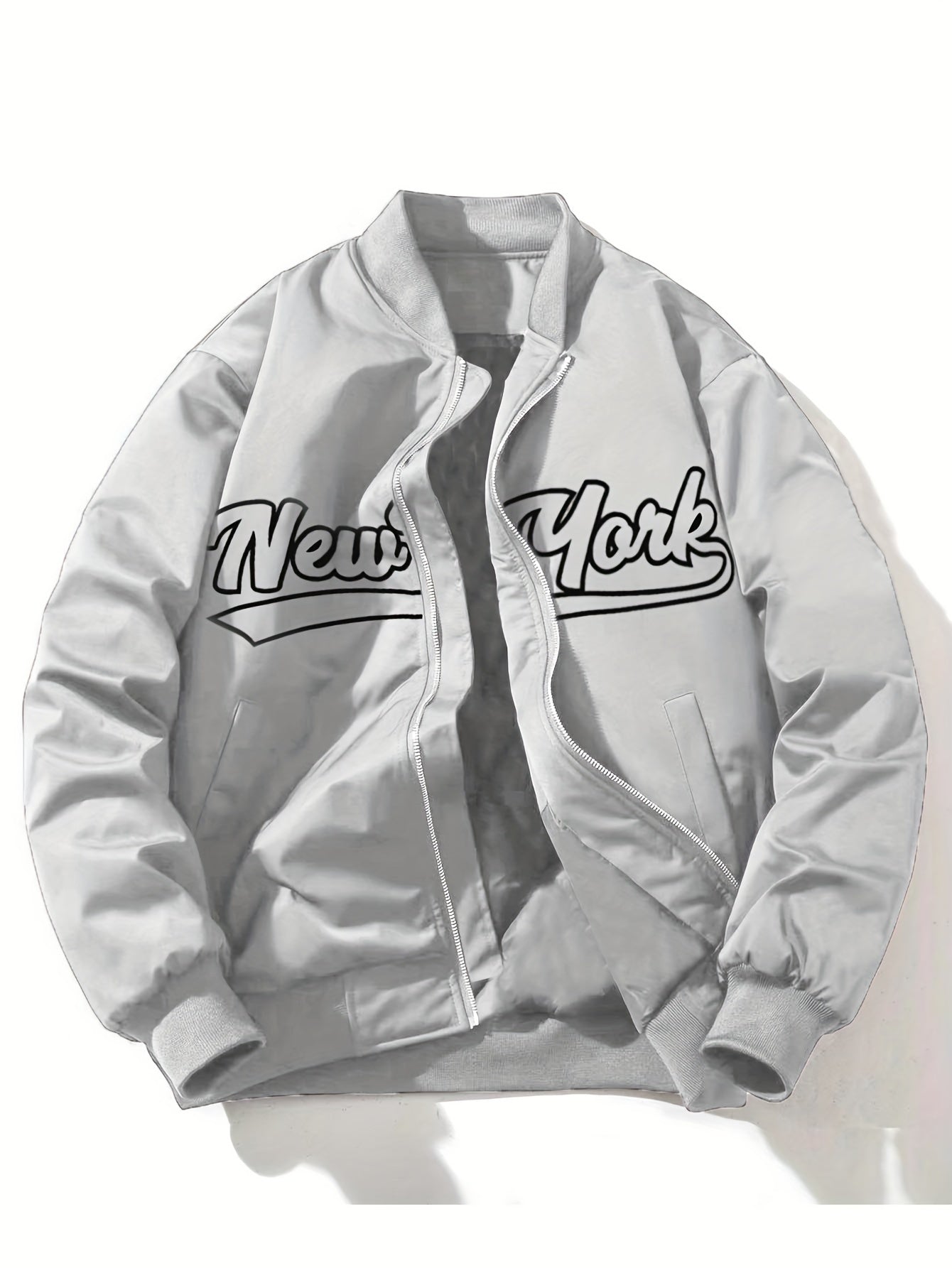 1pc Men'S Casual Bomber Jacket, Polyester 100% Lightweight Windbreaker, Letter Print, Baseball Collar, Long Sleeve, Regular Fit with Pockets, Zippered Front - Daily and Leisure Wear