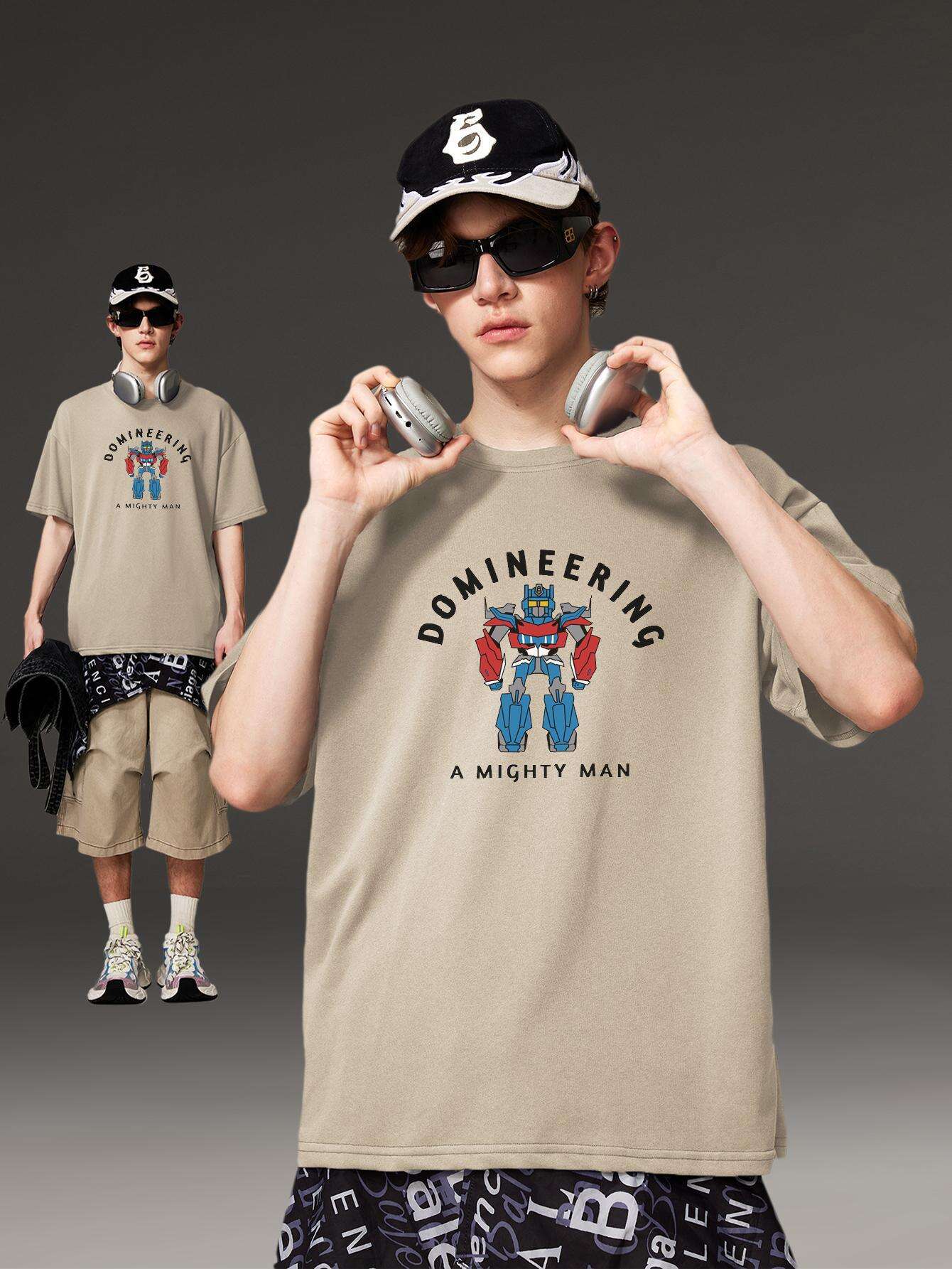 PRIVATHINKER "Domineering A Mighty for Man" Graphic Tee - 100% Cotton, Oversized Casual Hip Hop Style, Short Sleeve T-Shirt with Robot Print, Summer Streetwear for Men and Women
