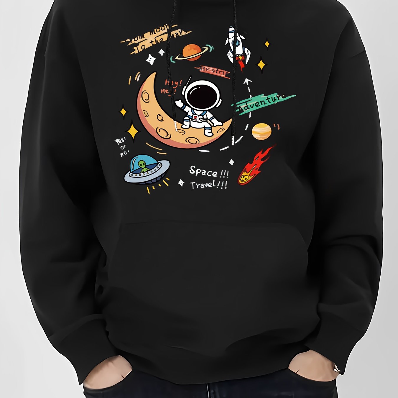 Men's Space Explorer Hoodie - Casual & Comfy Polyester Drawstring Sweatshirt with Astronaut & Planets Design, Perfect for Fall/Winter, Astronaut Decor