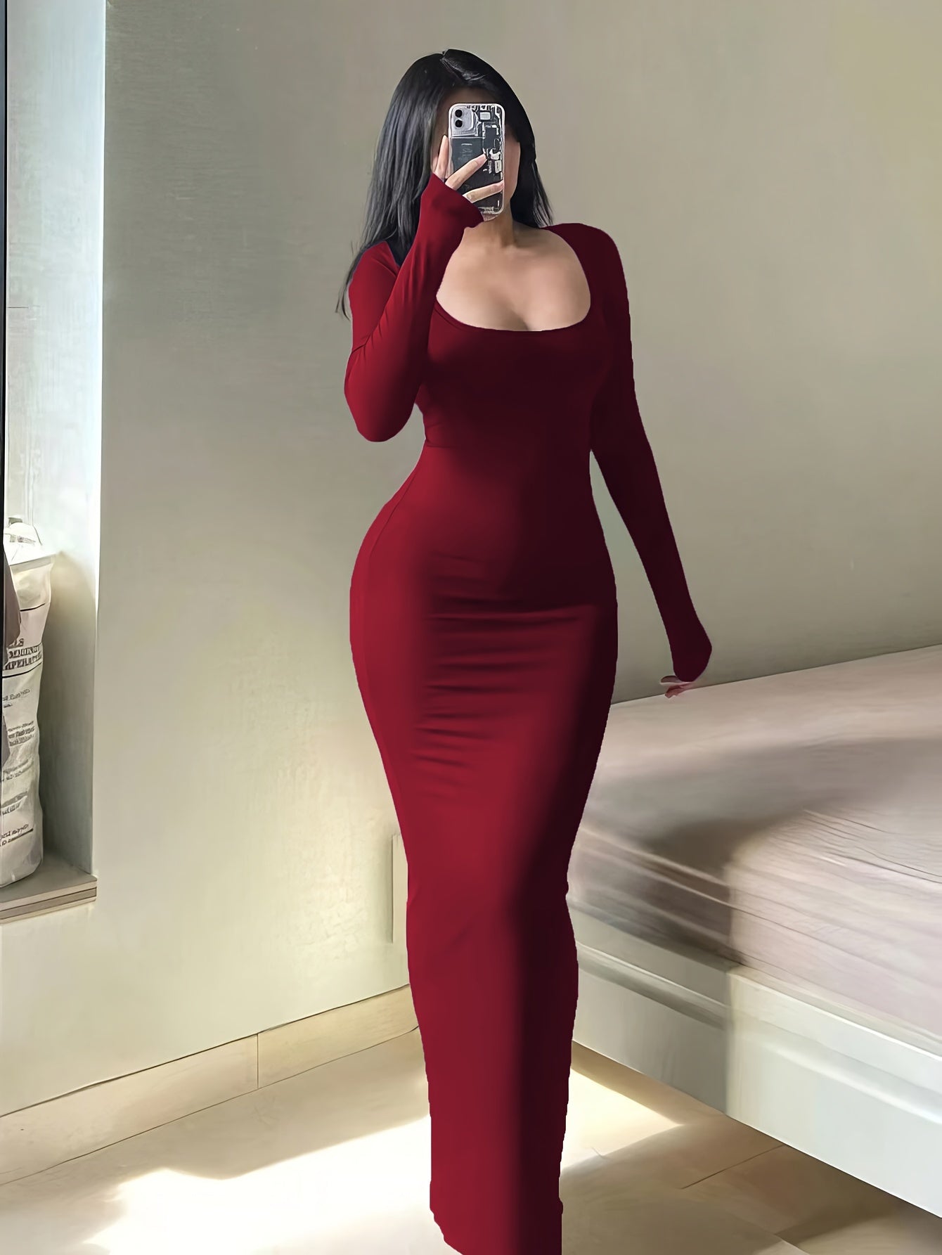 Form-Fitting, Ultra-Long Women'S Autumn Dress with Long Sleeves, Square Neckline, A-Line Silhouette, And a Sexy, Tailored Fit.
