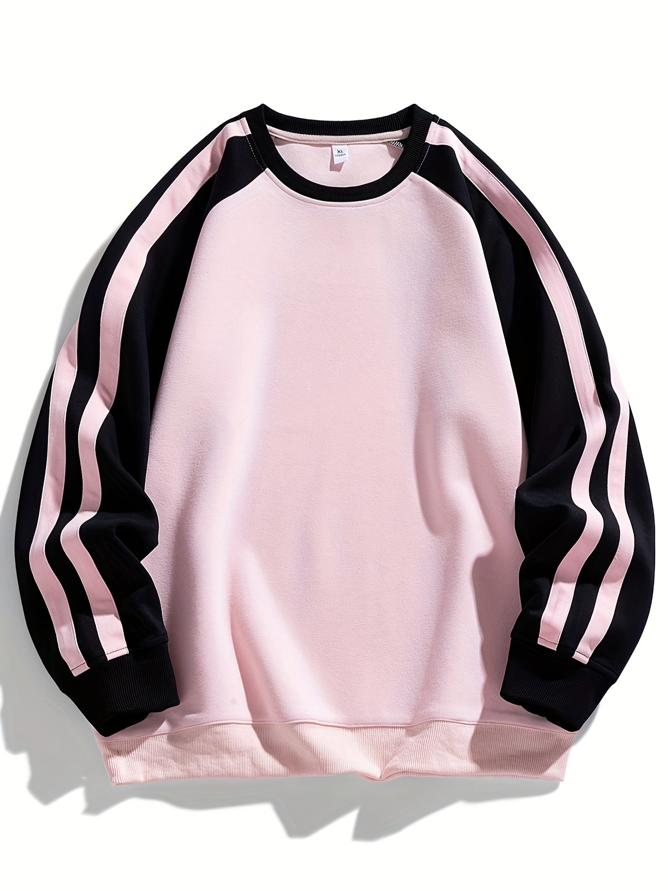 Men's Stylish Pink and Black Striped Crew-Neck Sweatshirt - Breathable, Casual Long-Sleeve Hoodie for City Walking, Street Lounging & Outdoor Activities, Polyester, Non-Stretch Fabric