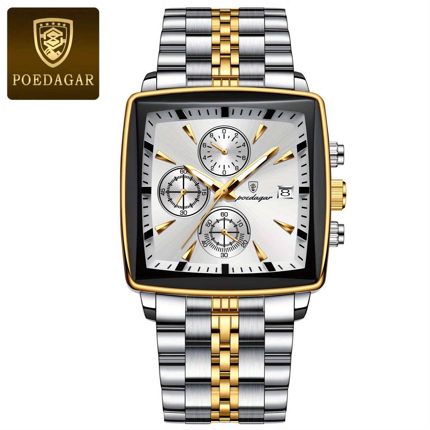 POEDAGAR Men'S Business Quartz Watch, Stainless Steel Square Dial, Luminous Hands, Date Calendar, Battery Powered, with Non-Rechargeable Button Battery, for Thanksgiving & Christmas Gifts, Water Resistant