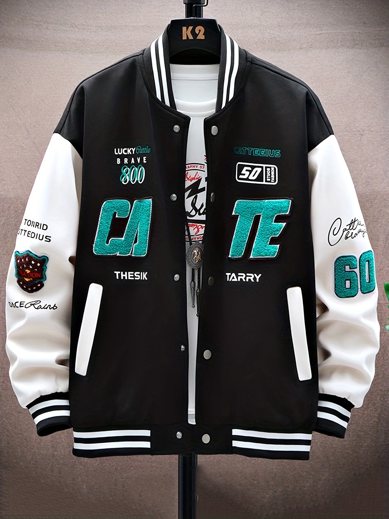 Letters Print Preppy Varsity Jacket, Men's Casual Long Sleeve Striped Button Down Baseball Jacket With Pockets For Winter Fall