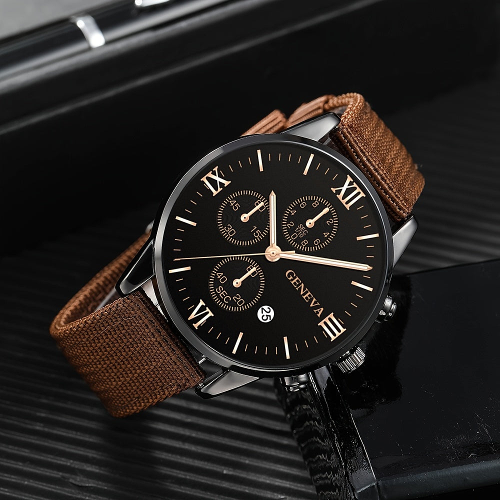 Middle East, Ramadan Men Watch 1pcs Men's Black Nylon Strap Casual Industrial Style Round Dial Calendar Pointer Quartz Watch And 3pcs Bracelets Watch for Men Suitable for Men Party Birthday Wear Or As Brother The Best Gift fo