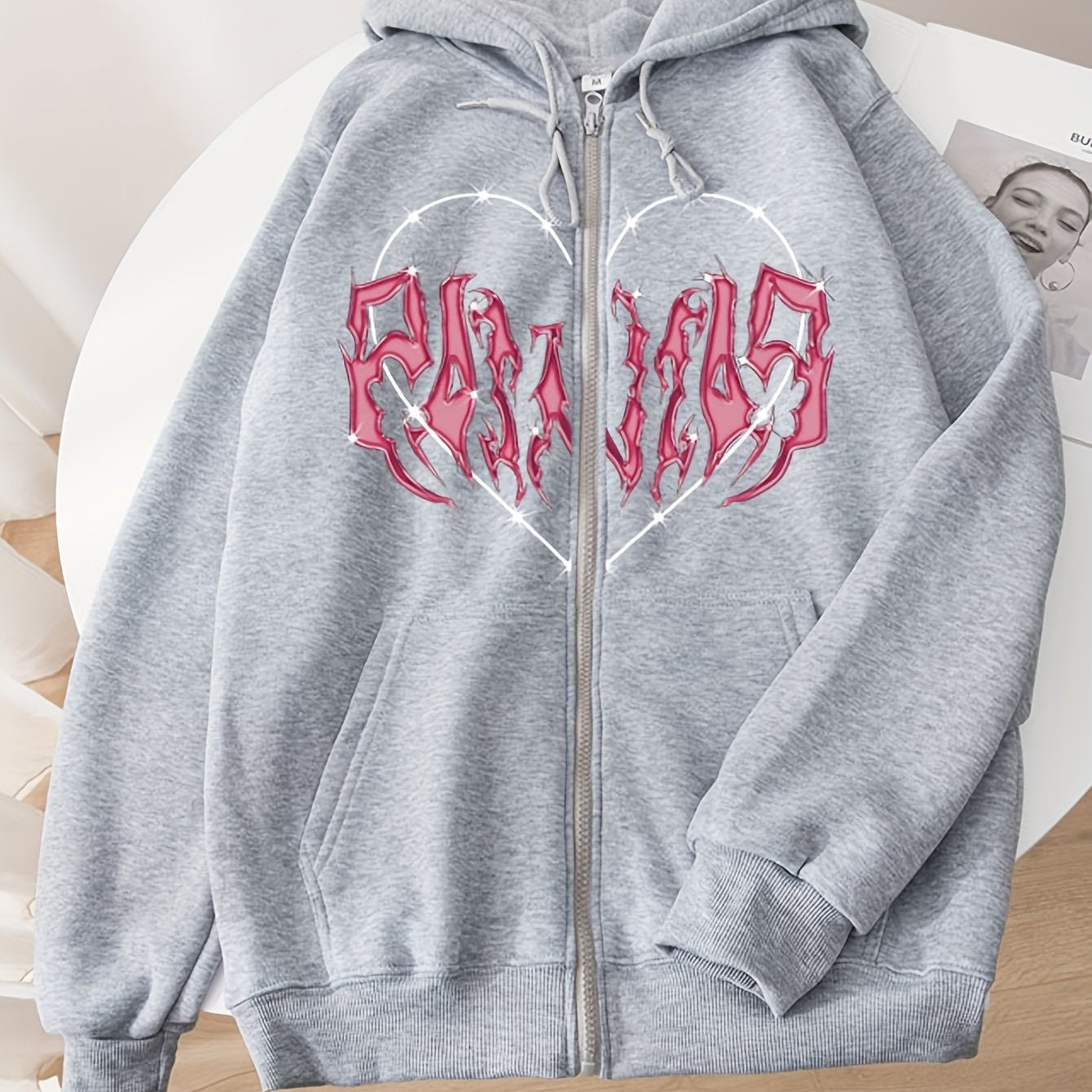 Heart Graphic Long Sleeve Zip Up Drawstring Hoodie, Stylish Pockets Loose Letter Print Sweatshirt, Women's Clothing