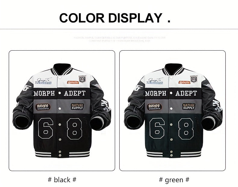 Men'S Daily Patchwork Polyester Varsity Jacket Stylish Retro Embroidered Long Sleeve Baseball Coats Casual Unisex Loose Outdoor Outerwear