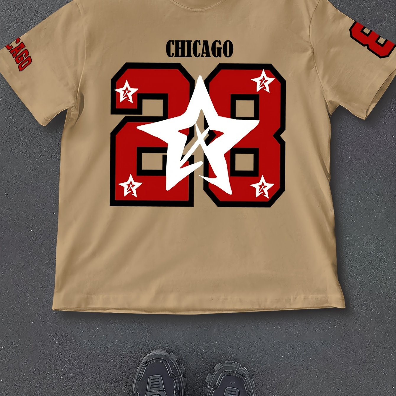Men's Casual Summer T-Shirt with Printed Lettering and Numbers, Loose Fit, Polyester Knit Fabric, Round Neck, Short Sleeve