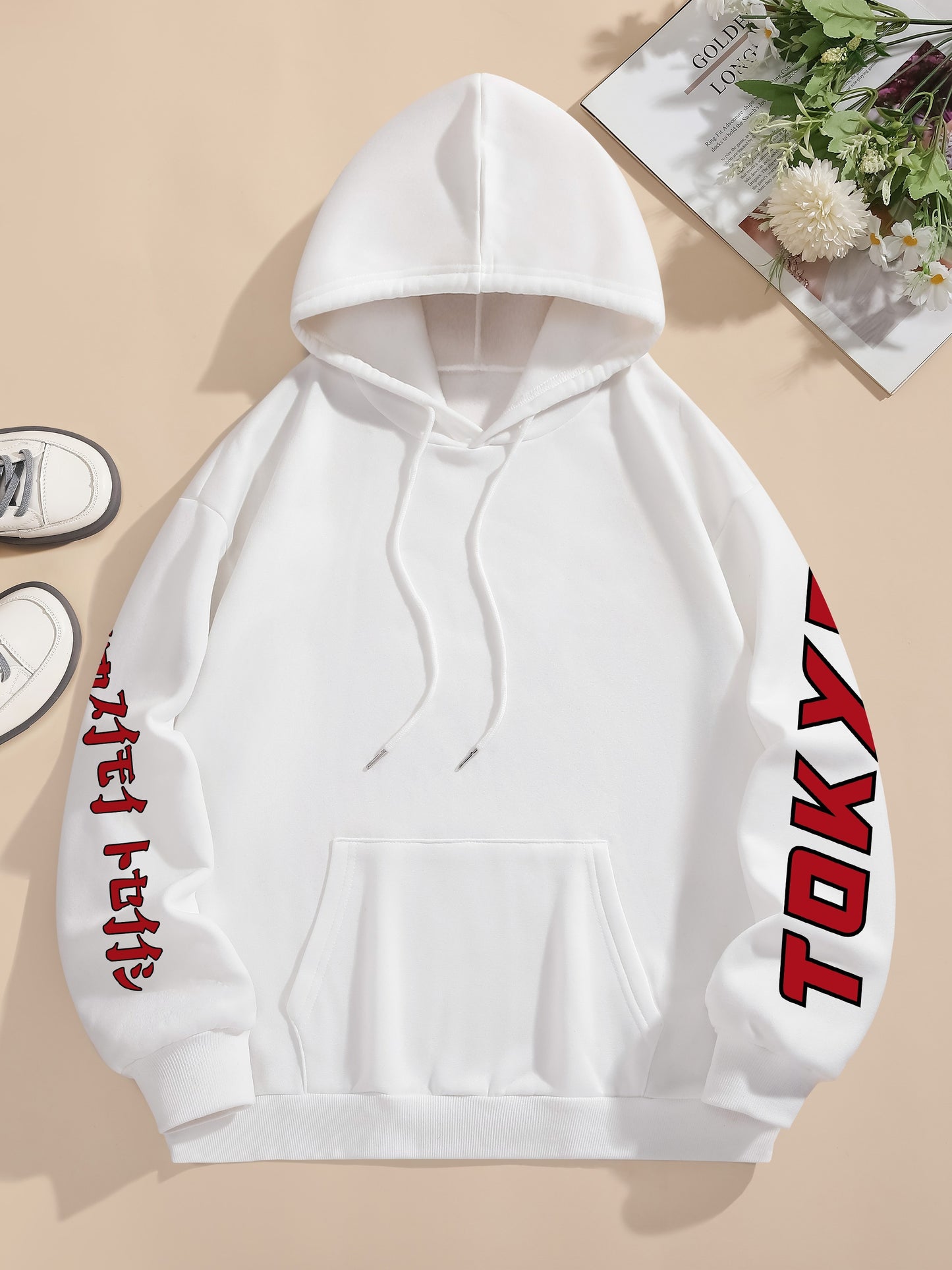 Tokyo Graphic Print Casual Hoodie for Women - 100% Polyester Knit Fabric with Drawstring Hood, Geometric Pattern, All-Season Comfort