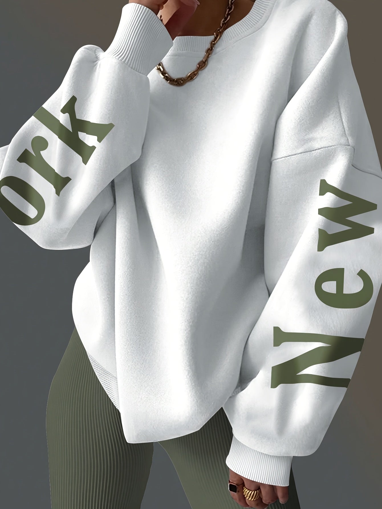 Women'S Casual Loose Fit Sweatshirt with Alphabet Print, Long Sleeve Crew Neck, Knit Polyester 95% Spandex 5%, All-Season Fashion Top