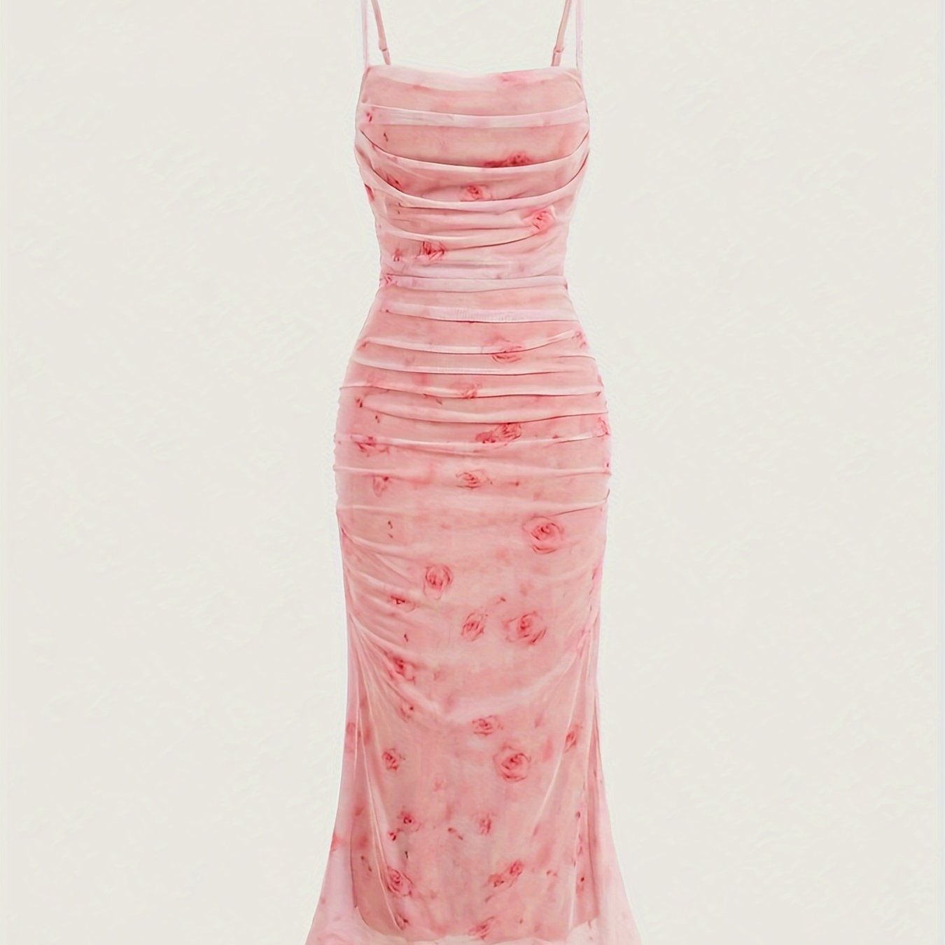Floral Print Spaghetti Suspender Dress, Elegant Sleeveless Ruched Bodycon Cami Dress for Spring & Summer, Women's Clothing