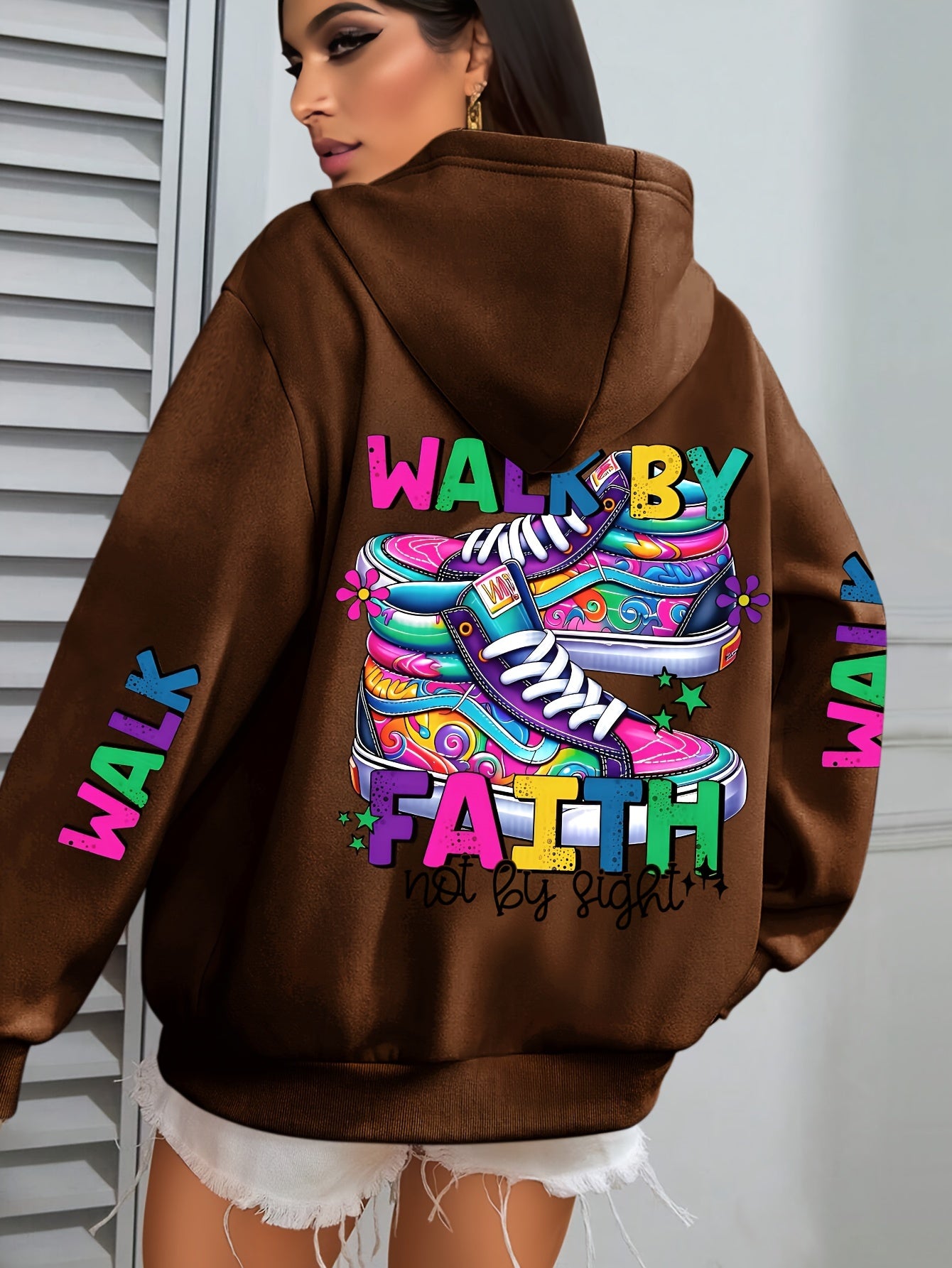 Plus Size Women's Hoodie with Colorful Walk Shoes Print - Casual Long Sleeve Pullover with Pocket, Cozy Polyester Hooded Sweatshirt for Fall & Winter, Fall Fashion Hoodie|Vibrant Shoe Design|Machine Washable Top