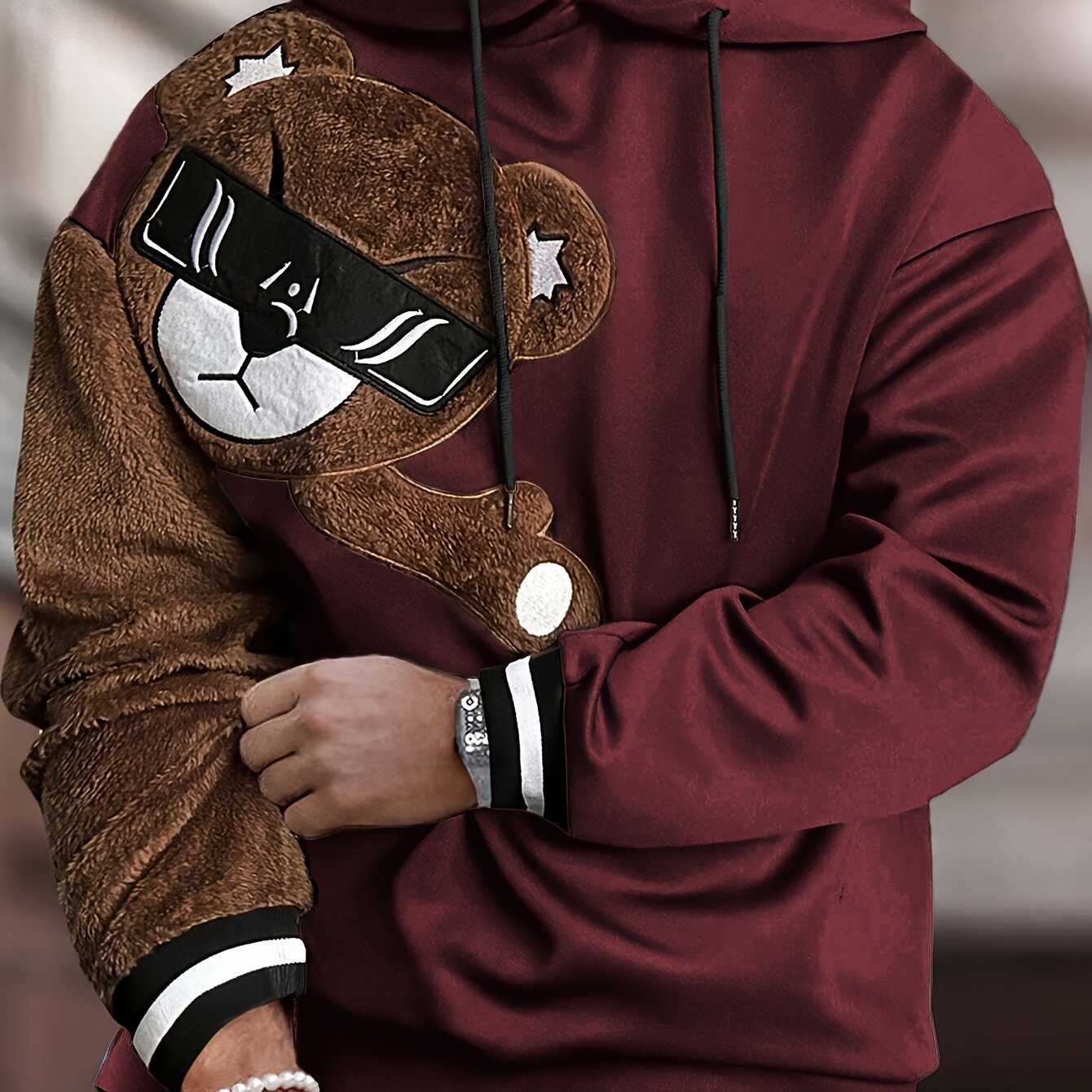Men's Color Block Bruin Graphic Print Hoodie, Casual Long Sleeve Hooded Sweatshirt For Fall Winter Outdoor