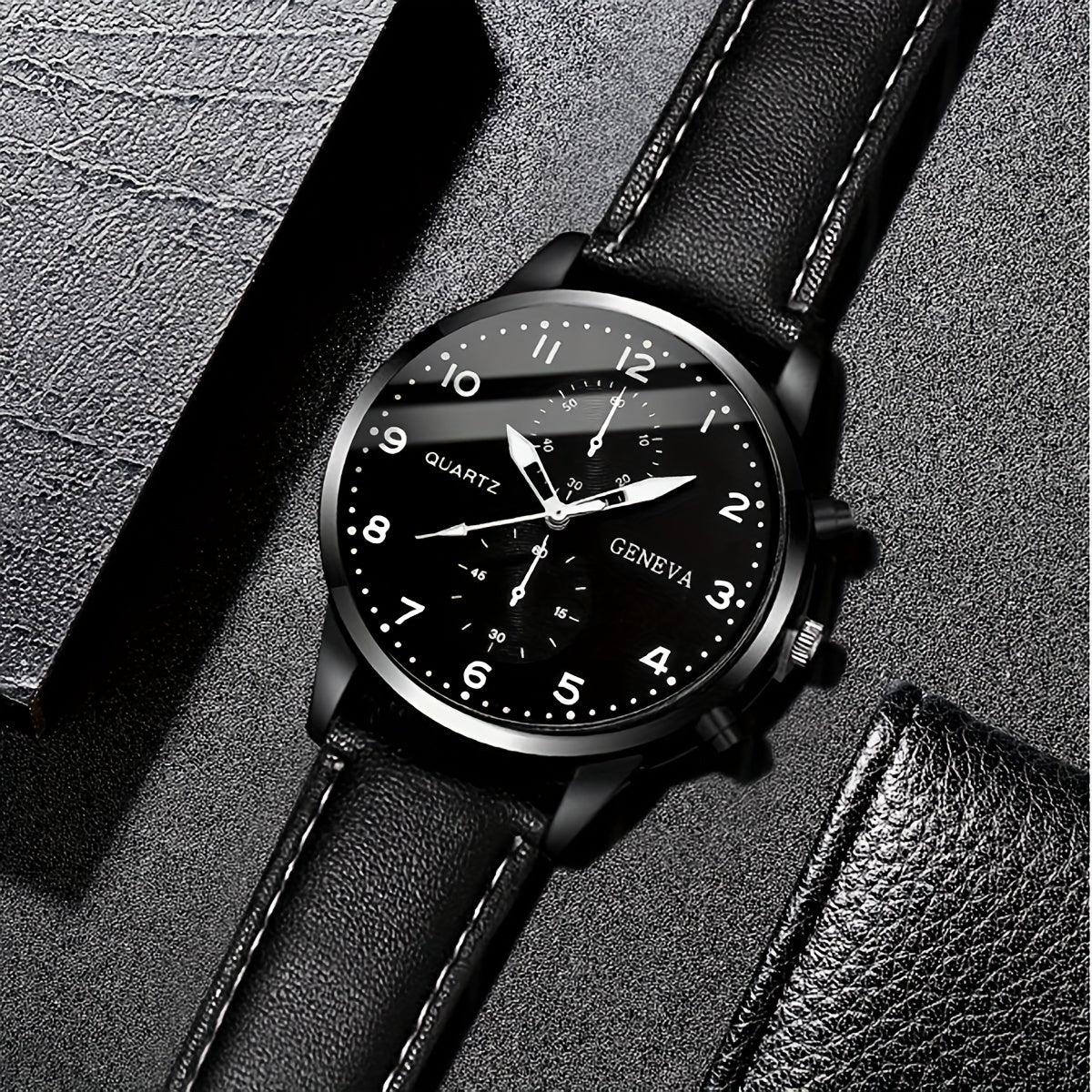 Middle East Ramadan Men Watch 1pc Men Black PU Leather Stainless Steel Case Casual Quartz Watch with 4pcs Bracelet Set Watch for Men Suitable for Men Party Holiday Birthday Wear Or As Brother The Best Gift for A Man No Box