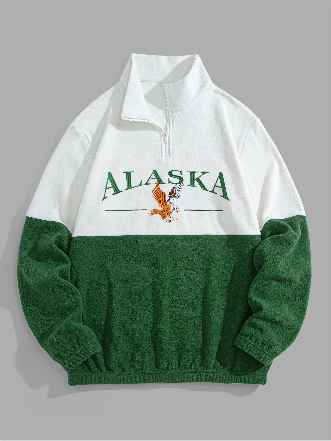 1pc Preppy Style Men'S Fleece Sweatshirt - Color Block Design with Embroidered Detail, Collared Neck, Long Sleeves, Knit Fabric, Slight Stretch, Regular Length, Loose Fit, Thick