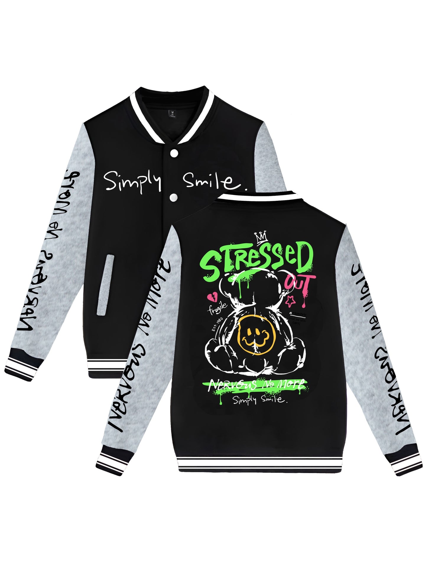 Men's Trendy Bear-Themed Varsity Jacket - Lightweight, Warm Fleece-Lined Baseball Coat with Pockets, Machine Washable