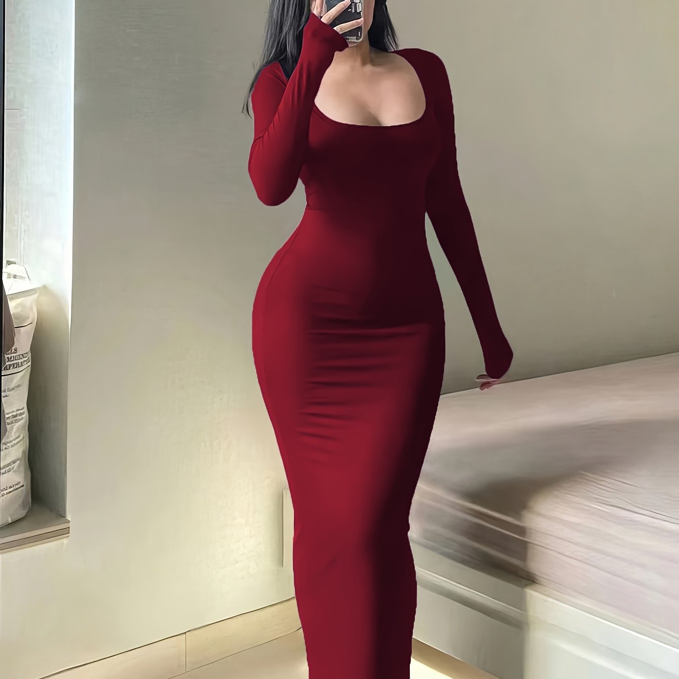 Form-Fitting, Ultra-Long Women'S Autumn Dress with Long Sleeves, Square Neckline, A-Line Silhouette, And a Sexy, Tailored Fit.