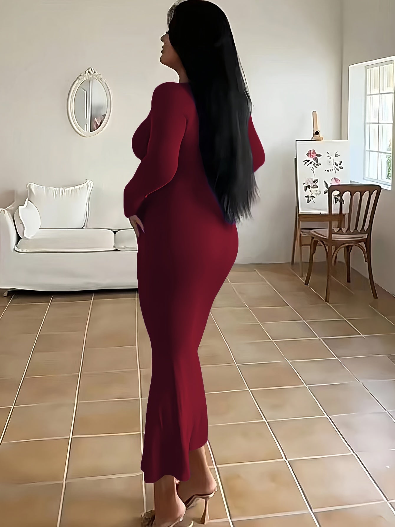 Form-Fitting, Ultra-Long Women'S Autumn Dress with Long Sleeves, Square Neckline, A-Line Silhouette, And a Sexy, Tailored Fit.