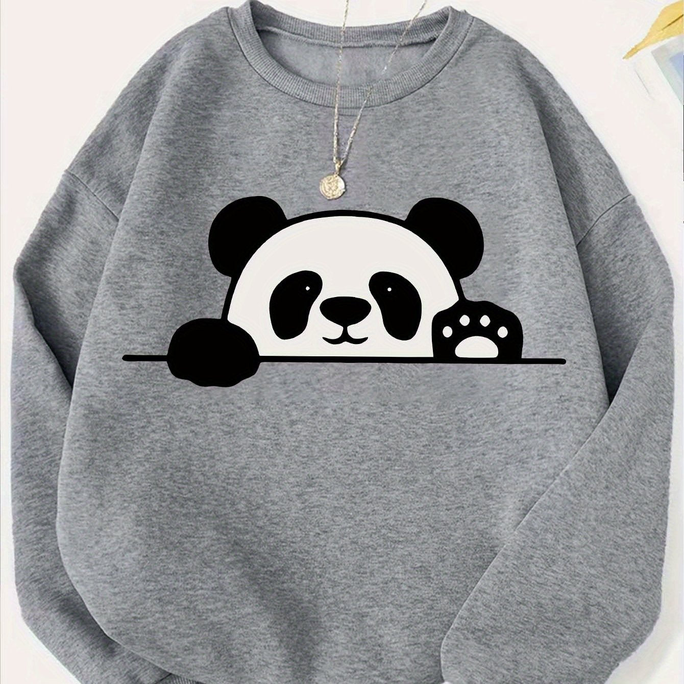 A Casual Sports Sweatshirt With A Simple Panda Print For Women With Long Sleeves And A Round Neck.