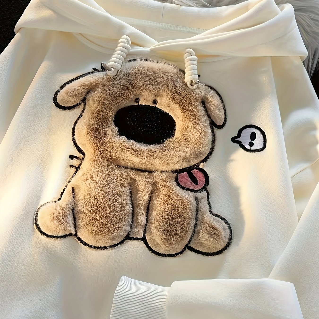 Bear Texture Drawstring Hoodie, Casual Long Sleeve Kangaroo Pocket Sweatshirt For Fall & Winter, Women's Clothing