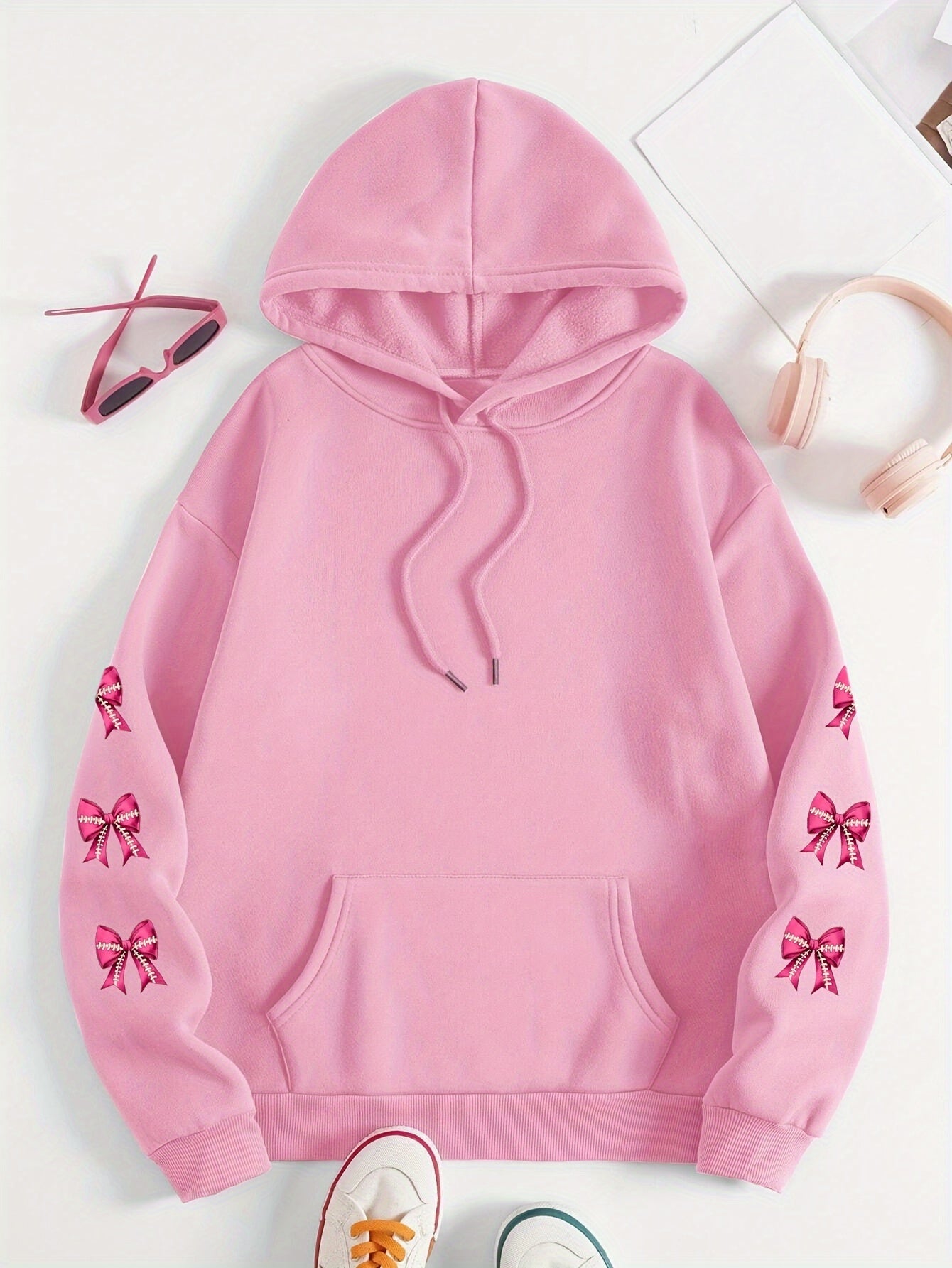 Women'S Plus Size Hoodie with Pink Ribbon Bowknot Print, Casual Long Sleeve Pullover with Pocket, 100% Polyester Knit Fabric, Slight Stretch, Fall/Winter Hooded Sweatshirt, Breast Cancer Awareness Design