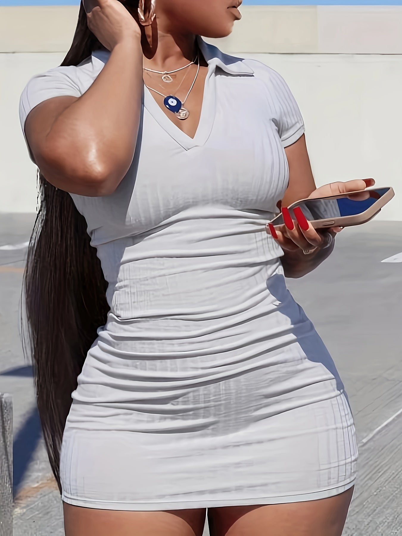 Solid V Neck Dress, Casual Short Sleeve Lapel Bodycon Dress, Women's Clothing