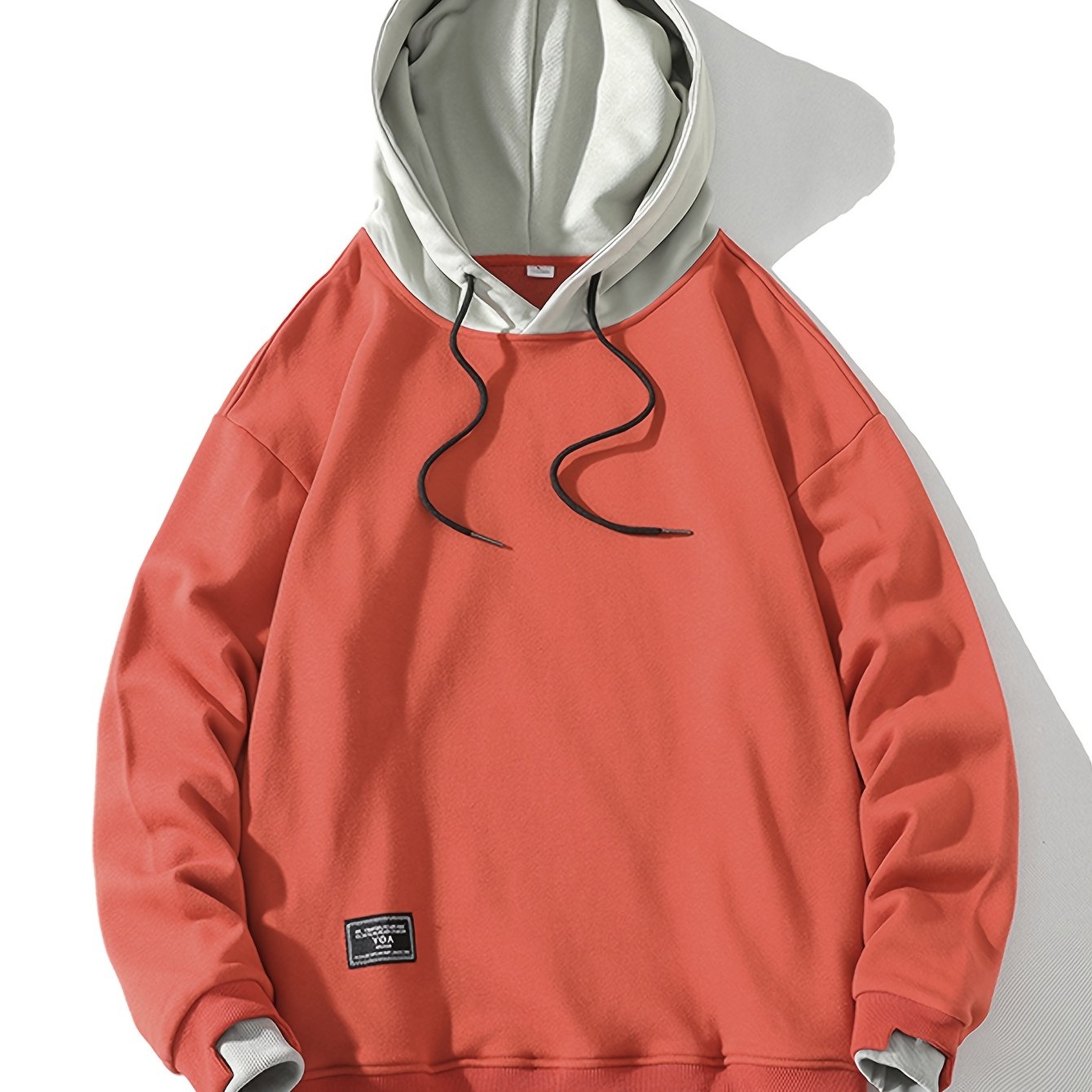 Men'S Fashion Casual Hooded Sweatshirt, 100% Polyester Knit Fabric, Long Sleeve, Loose Fit Pullover with Geometric Applique Design, Medium Stretch, for Spring/Autumn Trendy Streetwear