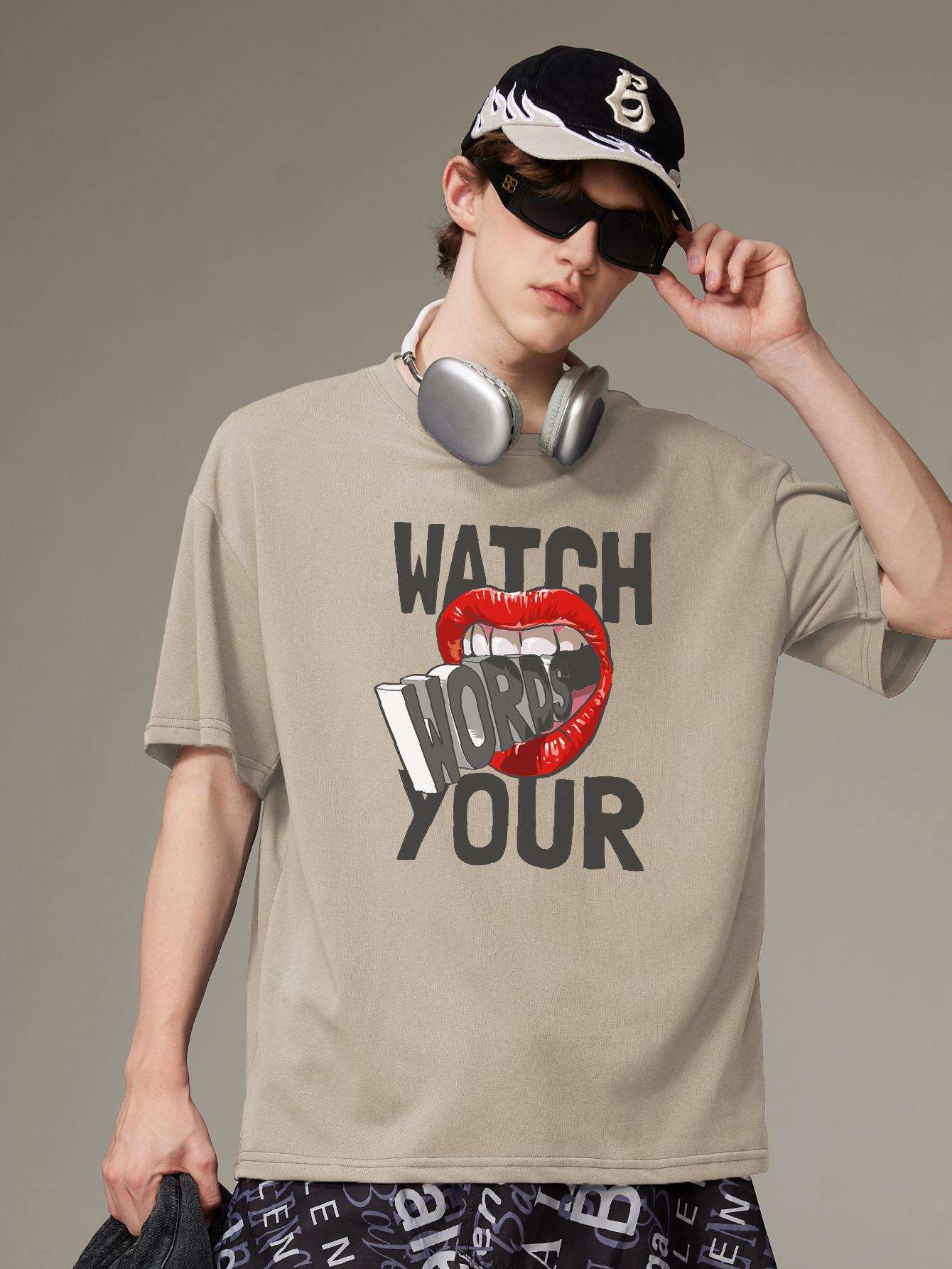 PRIVATHINKER "Watch Your Words" Graphic Tee for Men - Oversized, 100% Cotton, Short Sleeve, Casual Summer Streetwear with Red Lip & Lightning Bolt Design, Machine Washable