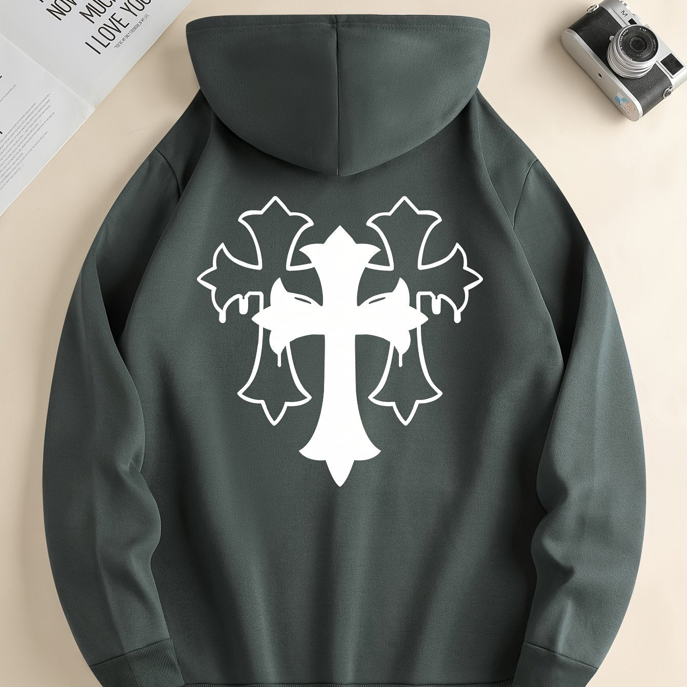 Cross Print Men's Simple Style Pullover Hoodies With Kangaroo Pocket Long Sleeve Hooded Sweatshirt Loose Casual Top For Autumn Winter Men's Clothing As Gifts