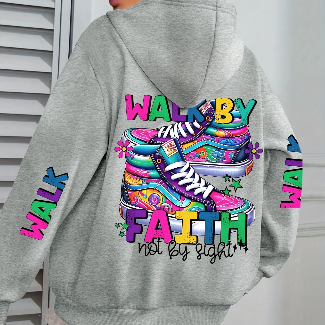 Plus Size Women's Hoodie with Colorful Walk Shoes Print - Casual Long Sleeve Pullover with Pocket, Cozy Polyester Hooded Sweatshirt for Fall & Winter, Fall Fashion Hoodie|Vibrant Shoe Design|Machine Washable Top