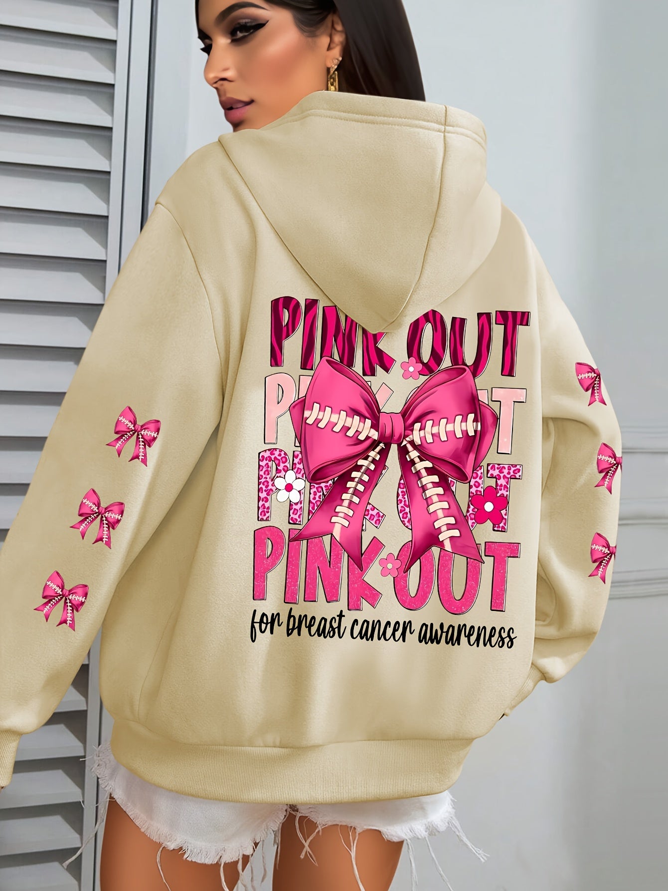 Women'S Plus Size Hoodie with Pink Ribbon Bowknot Print, Casual Long Sleeve Pullover with Pocket, 100% Polyester Knit Fabric, Slight Stretch, Fall/Winter Hooded Sweatshirt, Breast Cancer Awareness Design