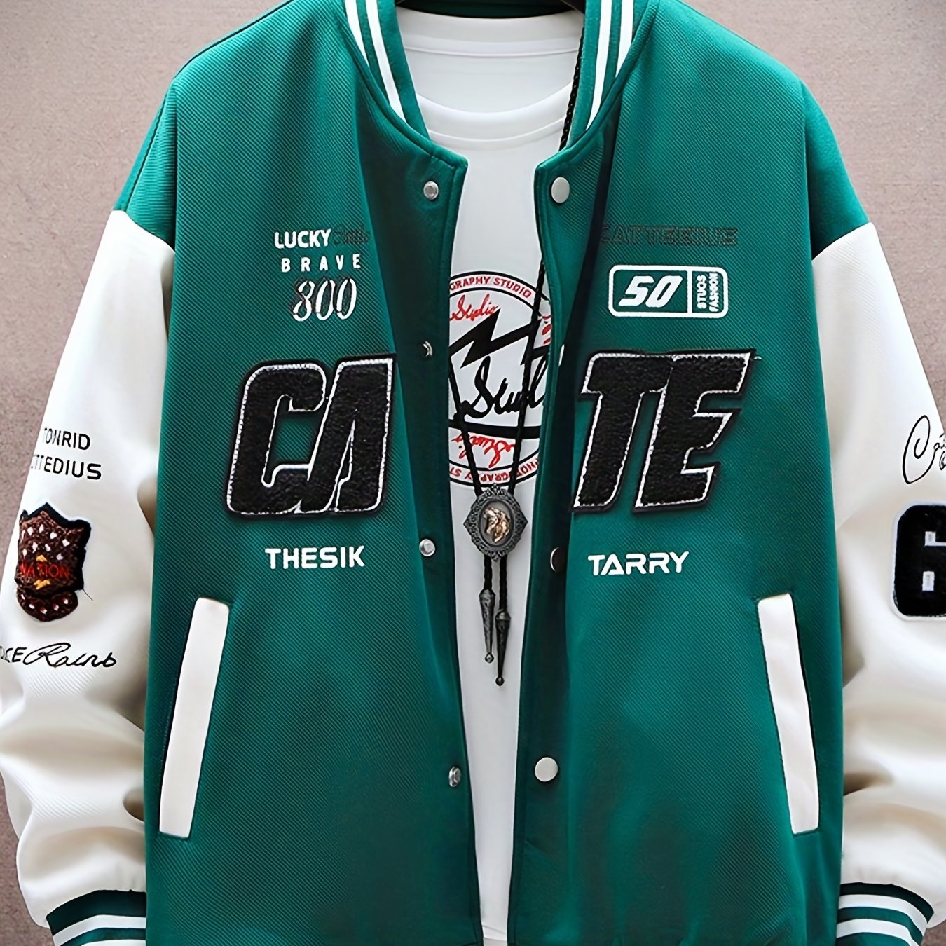 Letters Print Preppy Varsity Jacket, Men's Casual Long Sleeve Striped Button Down Baseball Jacket With Pockets For Winter Fall