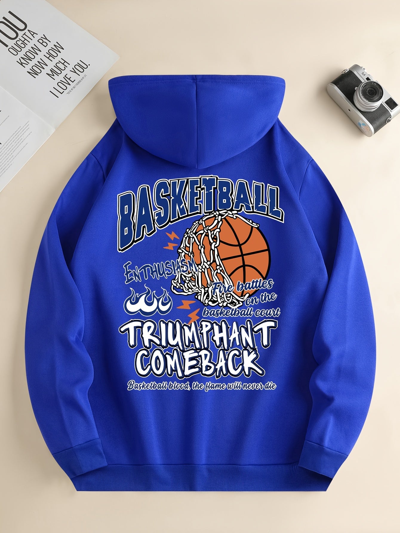 Basketball Print Kangaroo Pocket Hoodie, Casual Long Sleeve Hoodies Sweatshirt, Men's Clothing, For Fall Winter