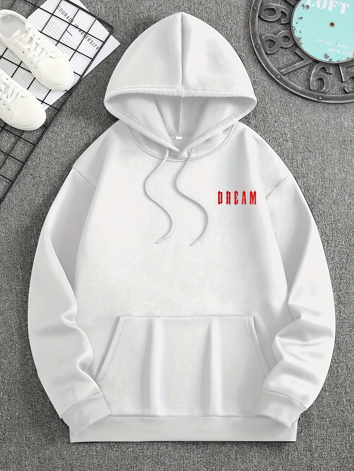 Men's Cozy Fleece-Lined Hoodie with Dream Print - Casual & Sporty, Loose Fit Pullover for Fall/Winter, Oversized Fleece Hoodie
