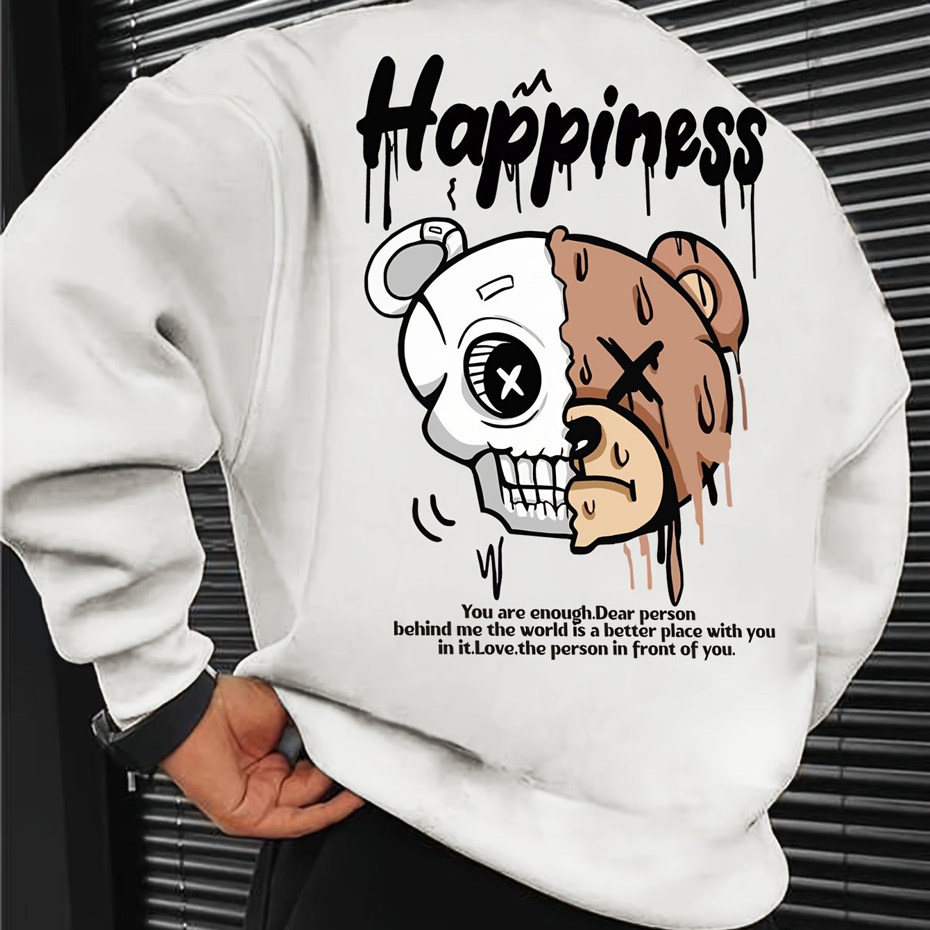 Melted Skull Bear Printed Men's Crew Neck And Long Sleeve Sweatshirt, Casual Style, Breathable, Comfortable, Stylish Street Fashion Pullover Sweatshirt
