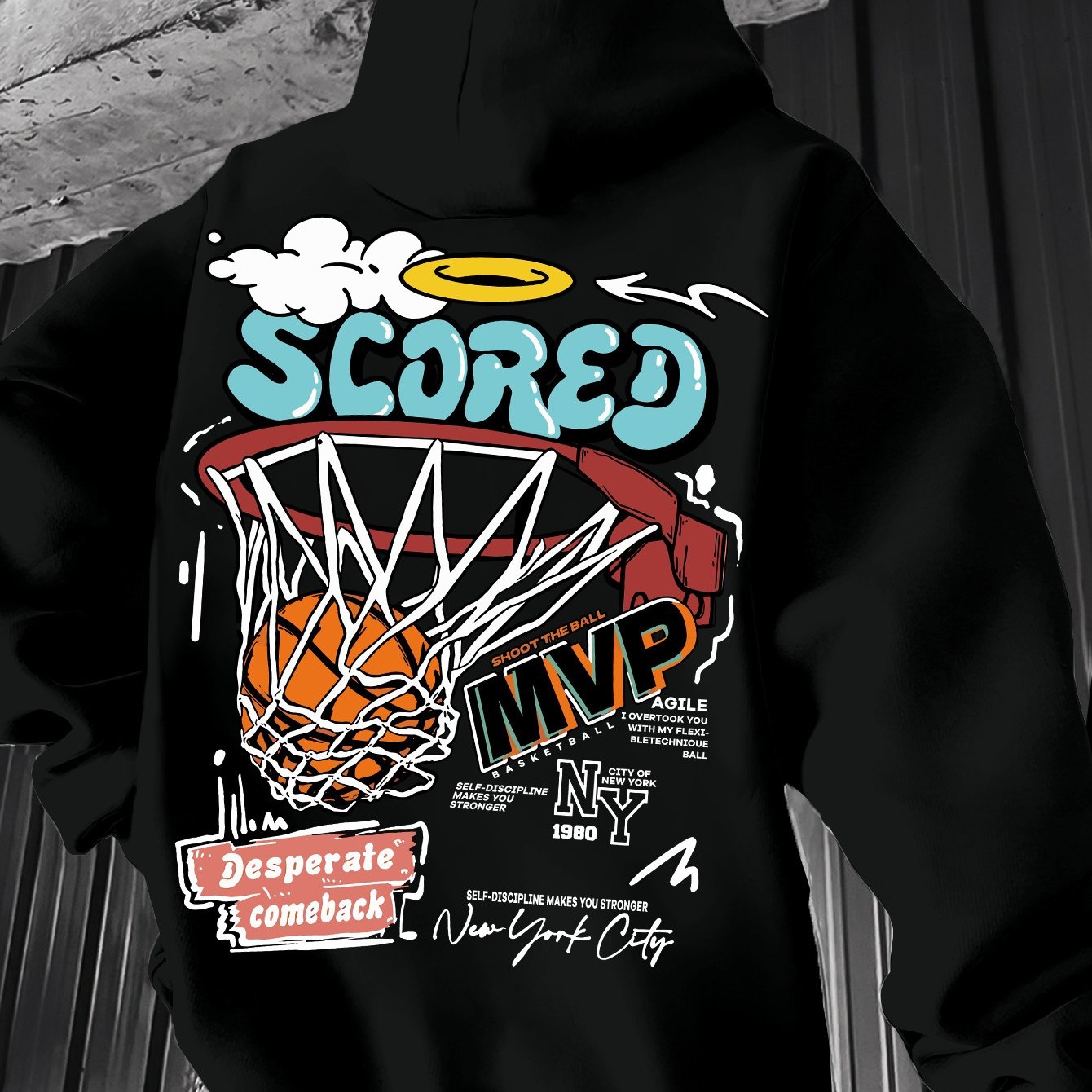 Spring/Fall Casual MVP Basketball Graphic Hoodie for Men - Knitted Fabric Regular Fit with Slight Stretch - Polyester & Elastane Blend, Geometric-Pattern, Hooded Pullover - Fashion Sportswear