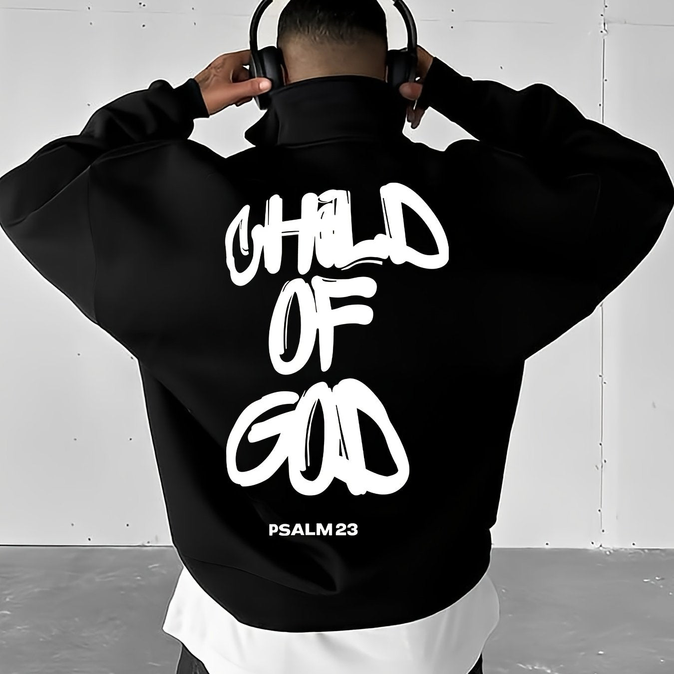 "Youngsters OF GOD" Letter Print Sweatshirt - Casual Black Drop Shoulder Stand Collar Half-Zip Pullover, Long Sleeve, 100% Polyester, Machine Washable for Fall & Winter