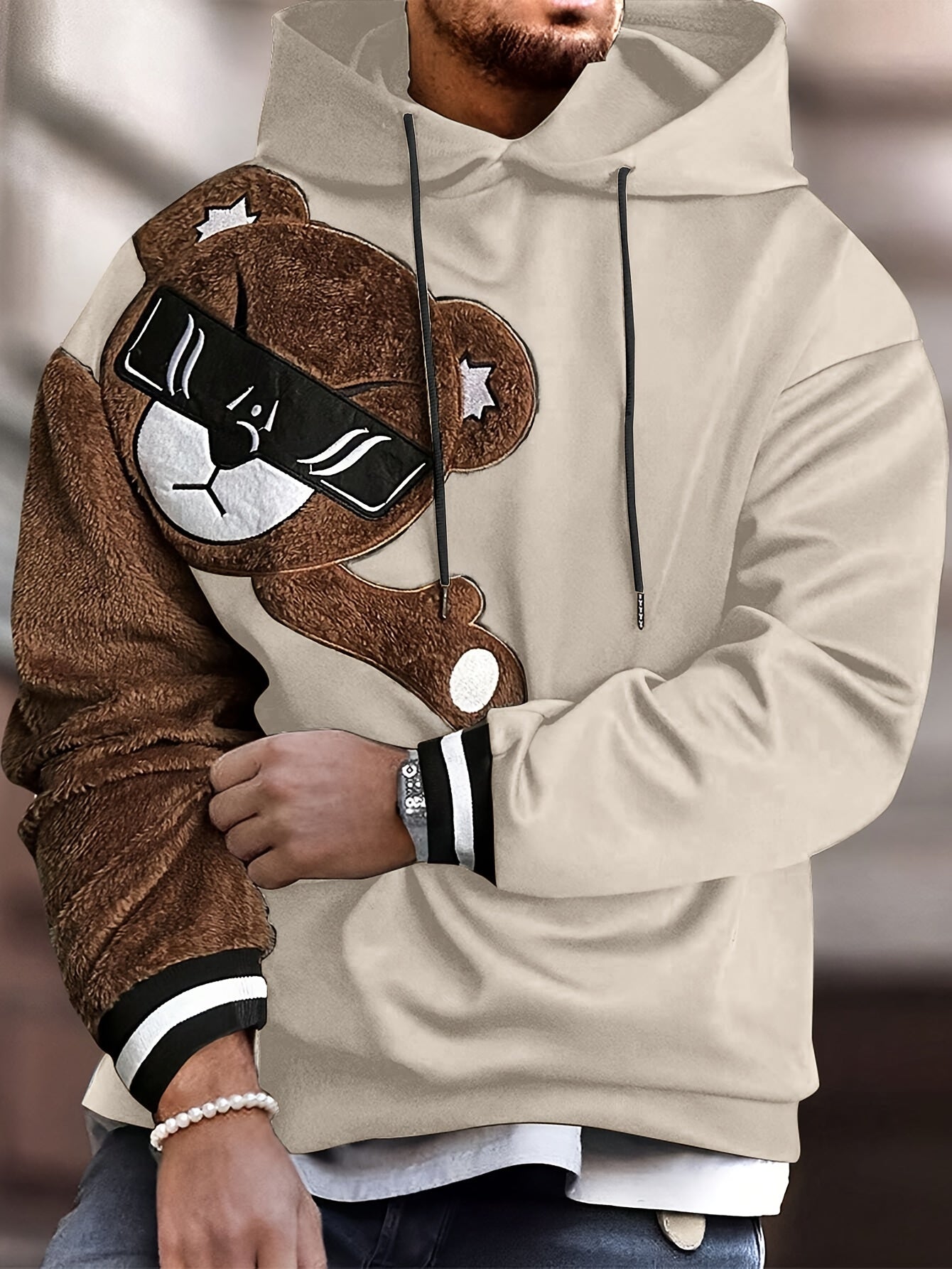 Men's Color Block Bruin Graphic Print Hoodie, Casual Long Sleeve Hooded Sweatshirt For Fall Winter Outdoor