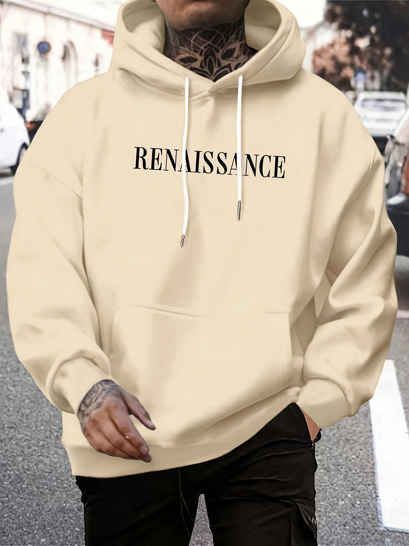 1pc Men'S Casual French Terry Hoodie with Angel Renaissance Print, Non-Stretch Knit Fabric, Loose Fit with Pockets, Alphabet Pattern, Comfortable Commuter Fashion Sweatshirt