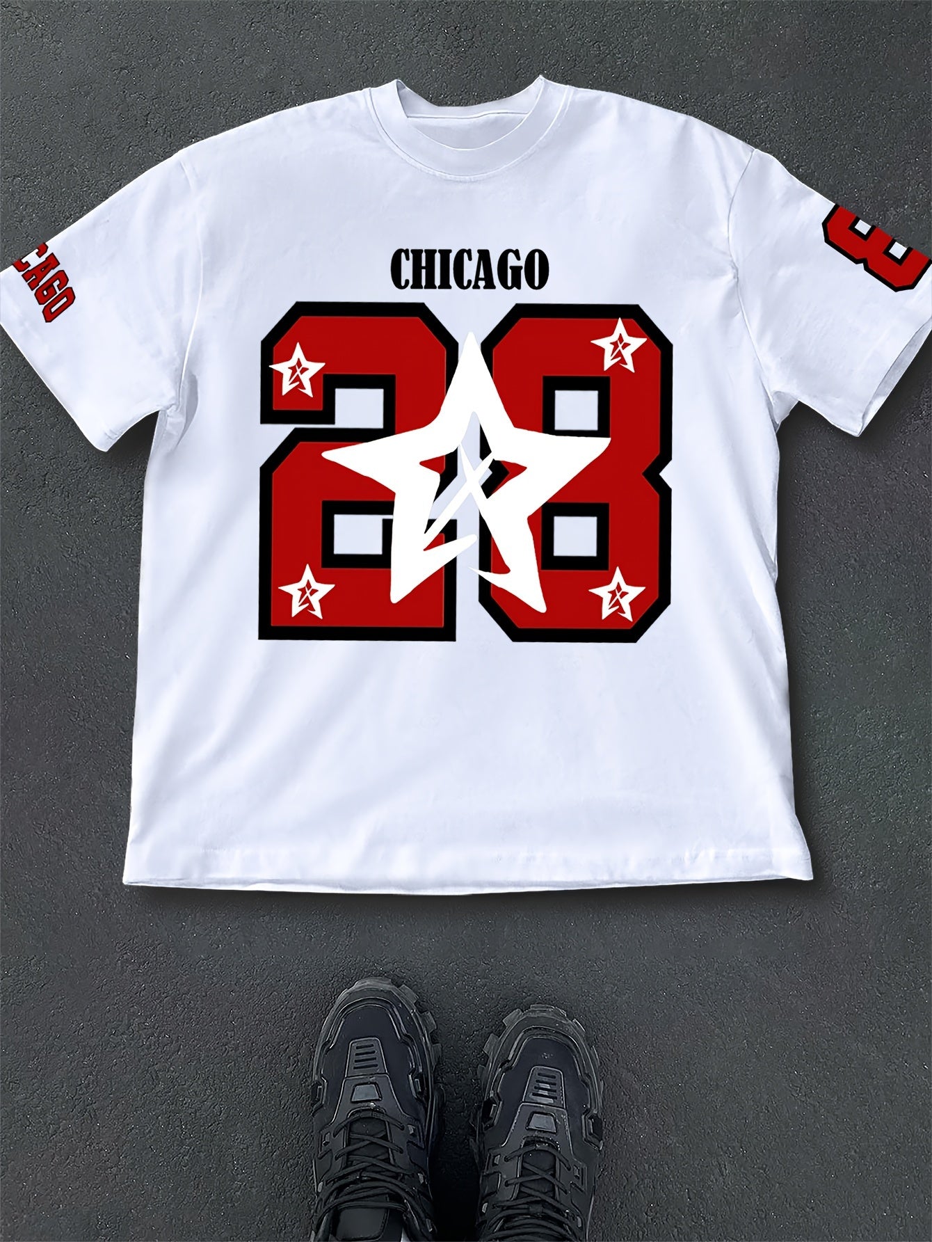 Men's Casual Summer T-Shirt with Printed Lettering and Numbers, Loose Fit, Polyester Knit Fabric, Round Neck, Short Sleeve