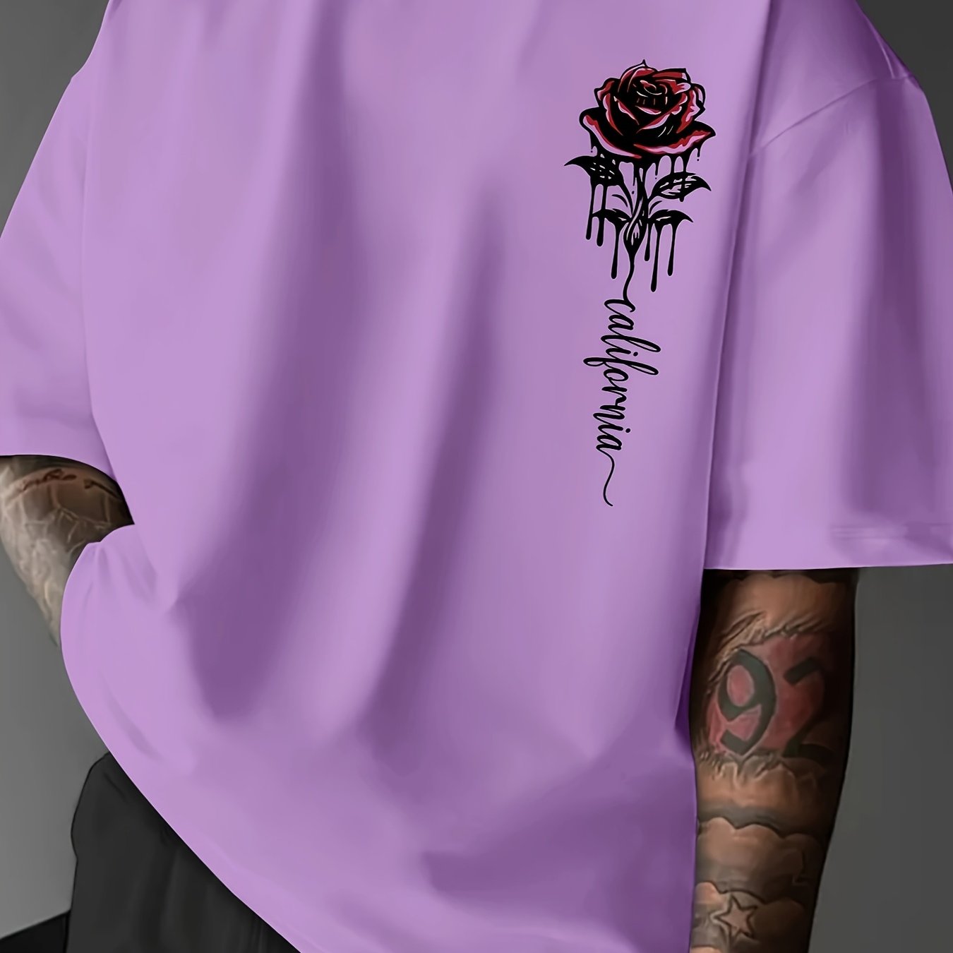 Men's Casual Rose Print T-Shirt - Loose Fit, Crew Neck, Polyester Blend, Summer Wear