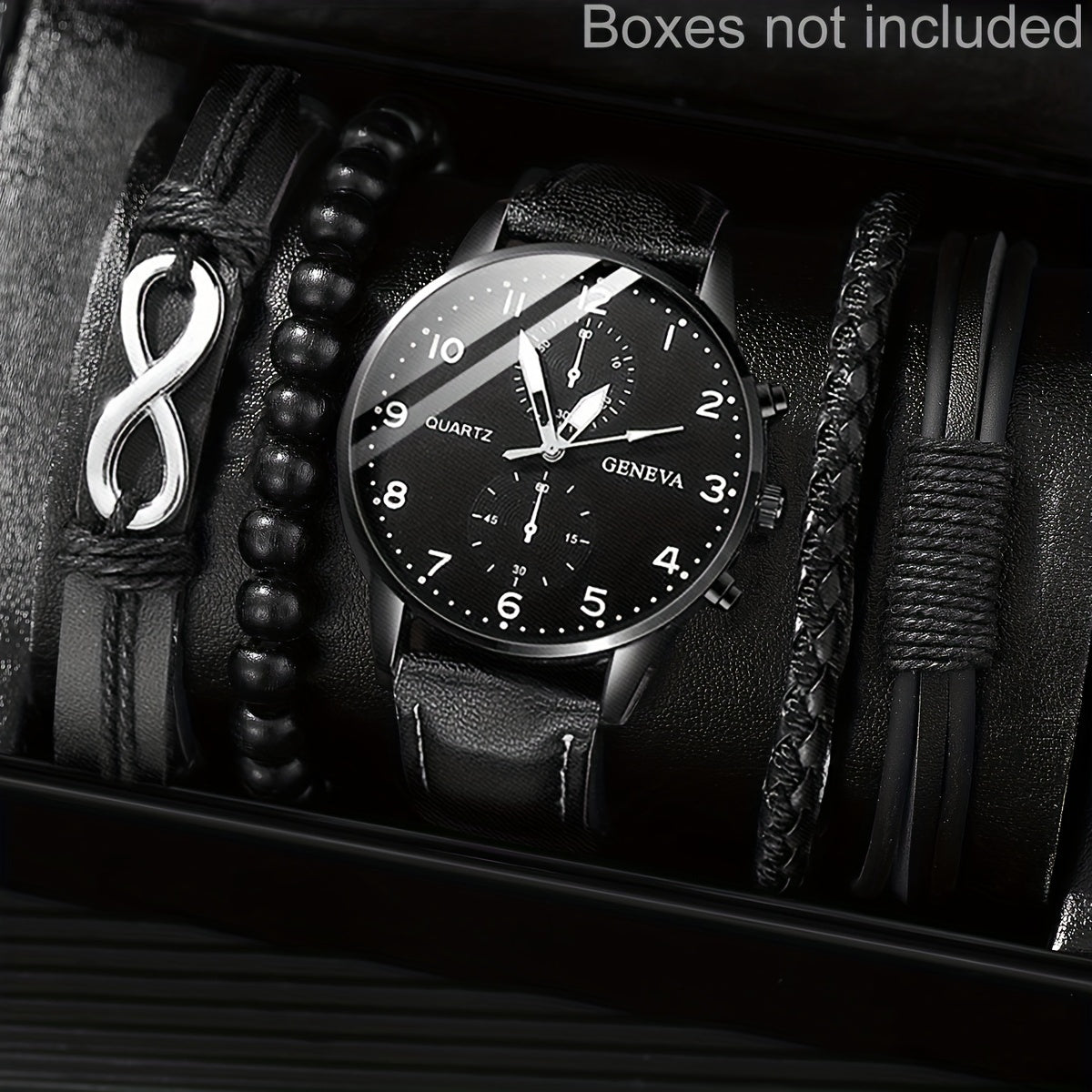 Middle East Ramadan Men Watch 1pc Men Black PU Leather Stainless Steel Case Casual Quartz Watch with 4pcs Bracelet Set Watch for Men Suitable for Men Party Holiday Birthday Wear Or As Brother The Best Gift for A Man No Box