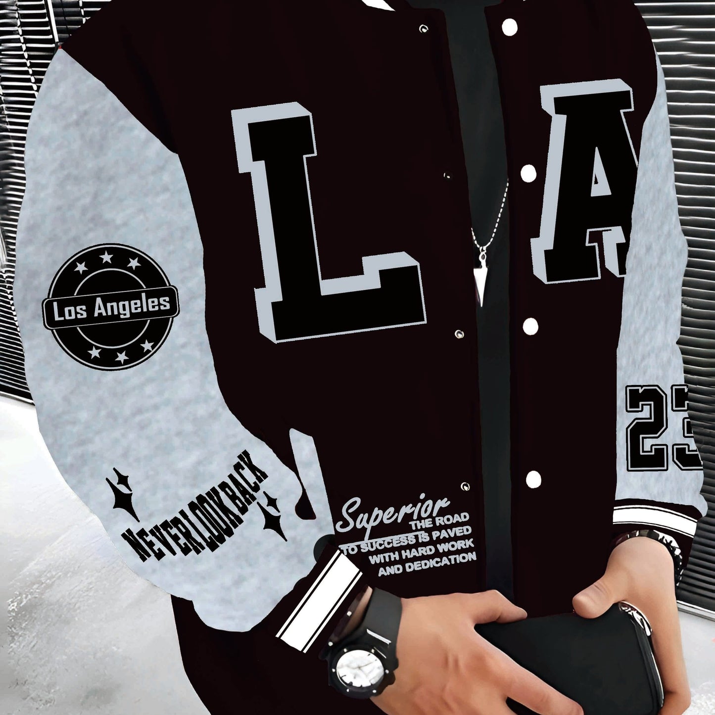 Los Angeles LA Fashion Baseball Jacket for Men - Lightweight, Warm Varsity Coat with Pockets, Machine Washable, Polyester