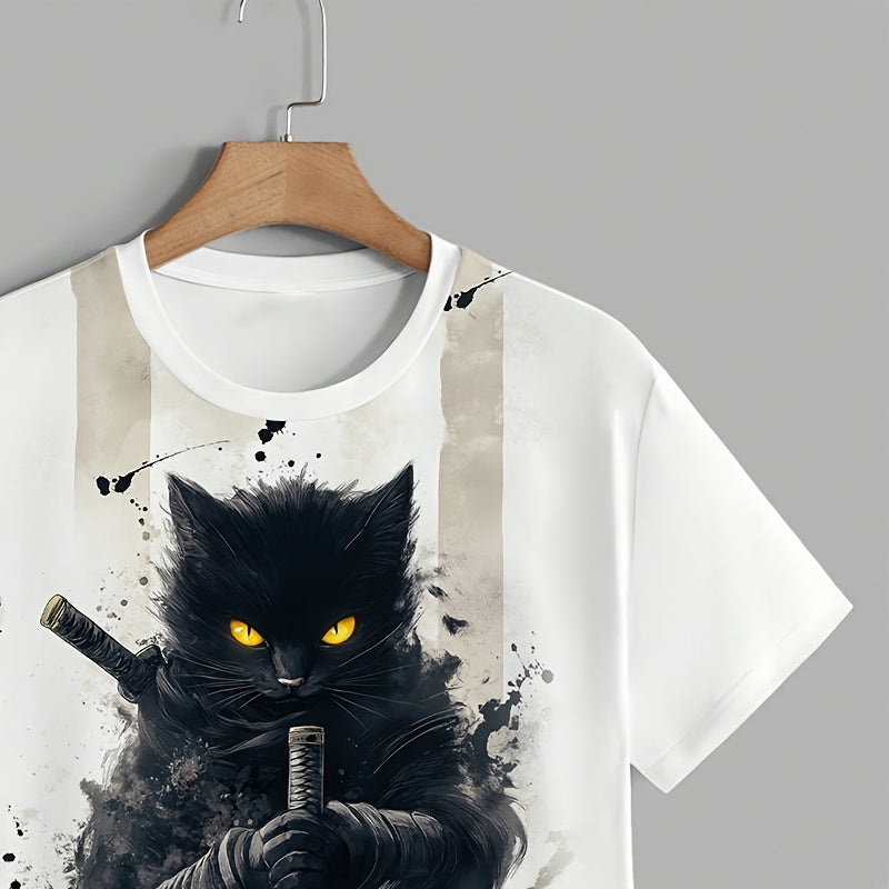 1pc Men'S Samurai Cat Print T-Shirt - Casual Crew Neck, Polyester Knit Fabric with Slight Stretch, Summer Fashion Top with Eye-Catching Visual Effect