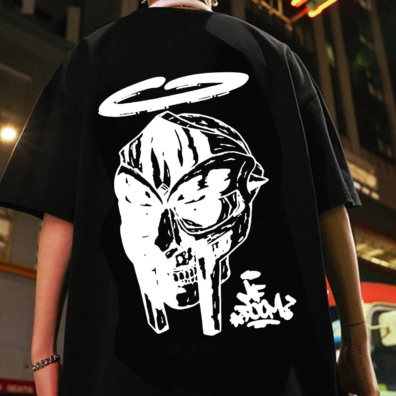 Men's Oversized MF DOOM Mask Graphic Tee - Casual Trendy Summer Black T-Shirt with White Print, 100% Polyester, Machine Washable, Vacation Style, H Version, Leisure Outing Occasion, Summer