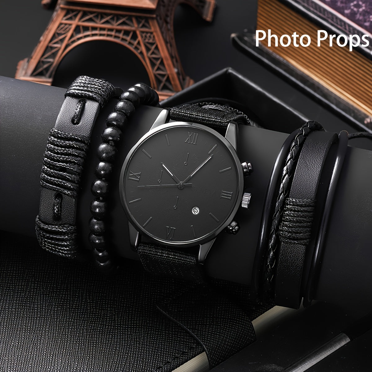 Middle East, Ramadan Men Watch 1pcs Men's Black Nylon Strap Casual Industrial Style Round Dial Calendar Pointer Quartz Watch And 3pcs Bracelets Watch for Men Suitable for Men Party Birthday Wear Or As Brother The Best Gift fo