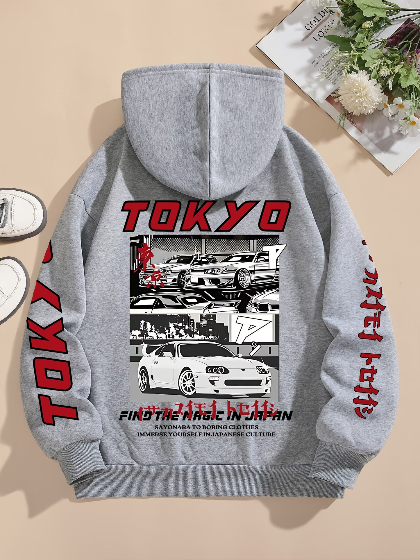 Tokyo Graphic Print Casual Hoodie for Women - 100% Polyester Knit Fabric with Drawstring Hood, Geometric Pattern, All-Season Comfort